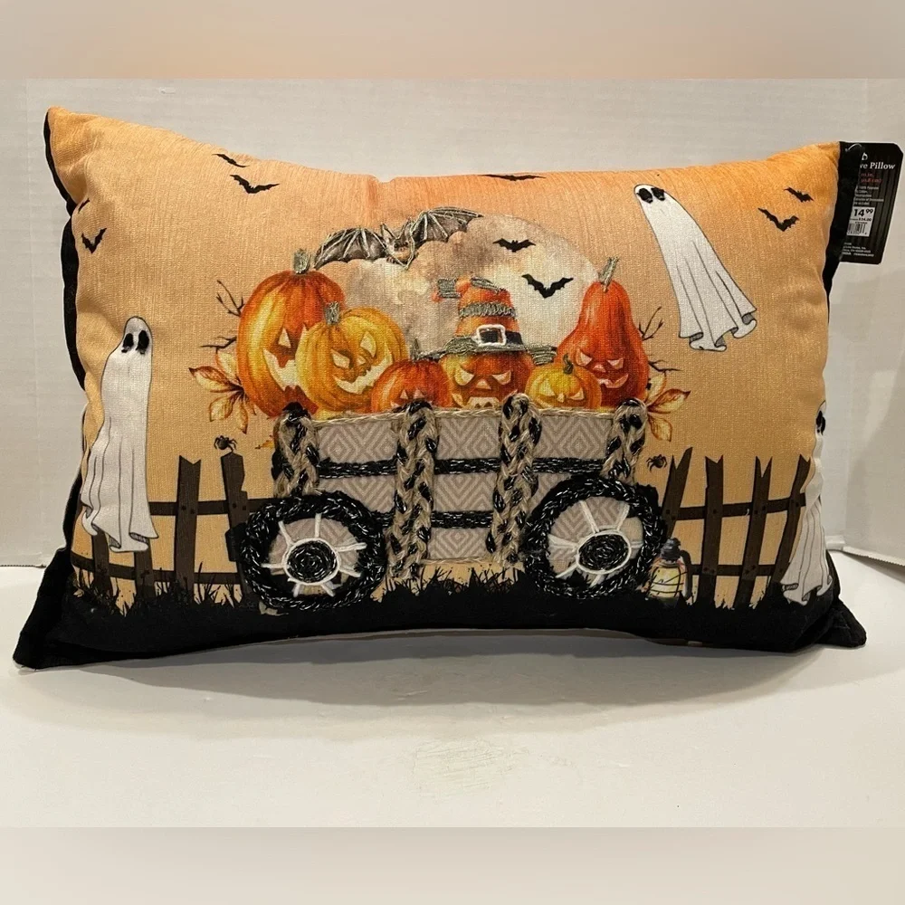 Halloween Decorative Scenic Pillow 14”x20” Bat Pumpkin Ghost Wagon NWT